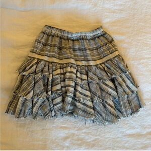 MINKPINK Gray and White Striped Tiered Ruffle Mini Skirt Kimberley Ra Ra Beige